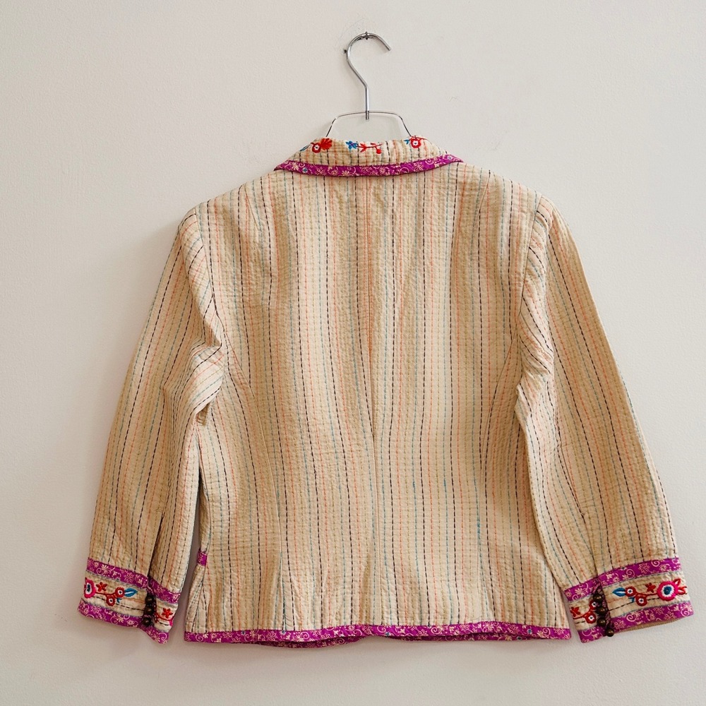 Sigrid Olsen Womens 8 Quilted Kantha Blazer Floral Embroidered Cotton Jacket Tan - Picture 2 of 8